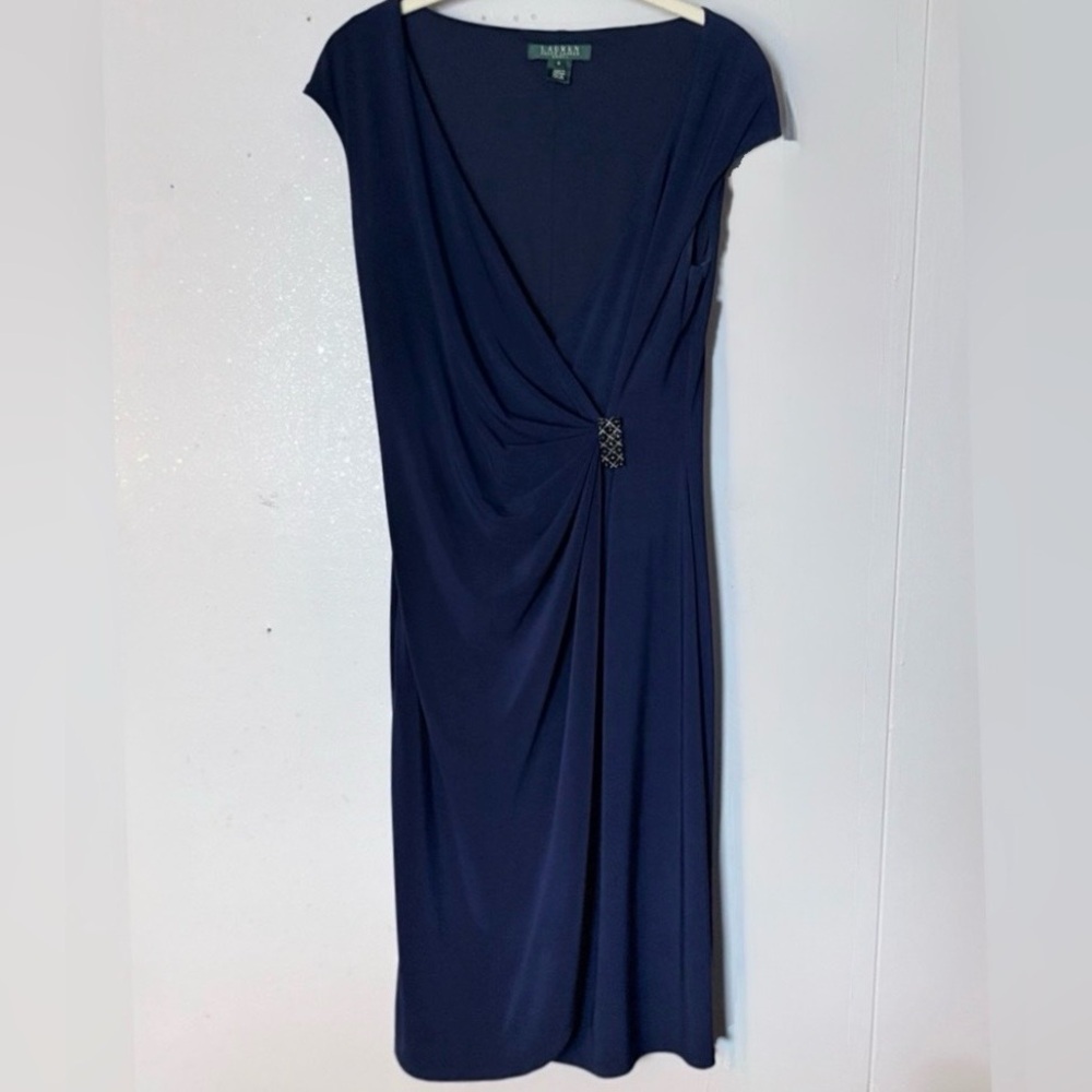 Ralph Lauren Sophisticated Plunge Sexy Faux Wrap Sheath Navy Dress 8